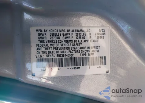 2003 Honda Odyssey Ex-L z USA, uszkodzony, nr VIN 5FNRL18053B140382